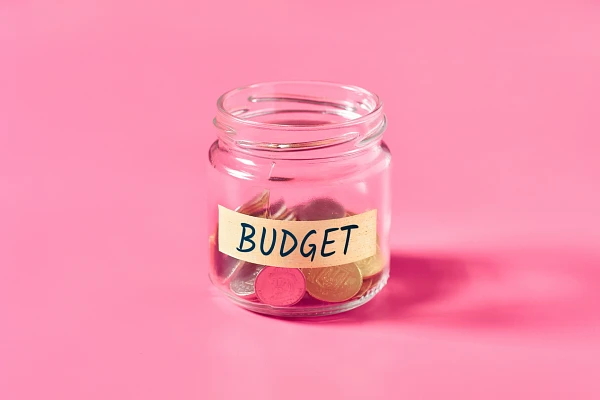 A jar labeled "Budget" filled with coins is set against a pink background.