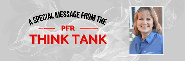 The image features a special message from the PFR Think Tank with a photo of a smiling person in the corner.