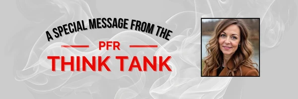 A picture of Jessica Black, PFR Think Tank member, with text reads "A special message from PFR Think Tank."